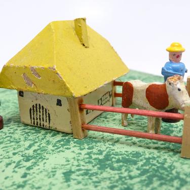 Vintage Toy German House, Farmer, Tree, Fence, Cow, Hand Made of Wood and Hand Painted Antique Erzgebirge Toys 
