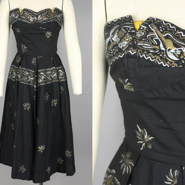 1950s Musical Instrument Print Hawaiian Dress | Vintage 50s 'Reef' Black Cotton Full Skirt Strapless Dress | xs / s 
