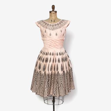 Vintage 50s Pale Pink Party DRESS / 1950s Black Velvet Flocked Rhinestone Studded Full Skirt Party Dress 