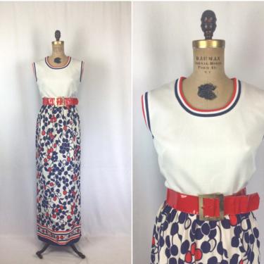 Vintage 60s dress | Vintage red white blue maxi dress | 1960s fruit print long dress 