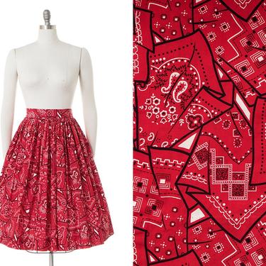 Vintage 1950s Skirt | 50s Bandana Novelty Print Cotton Red Full Swing Skirt (small/medium) 
