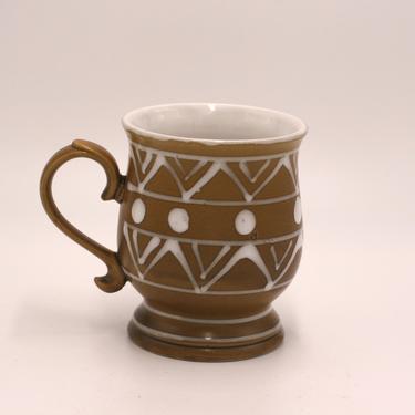 vintage ceramic footed coffee mug made in Japan/brown and white glaze 