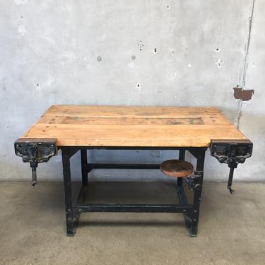 Vintage Industrial Work Bench with Swing Out Stool