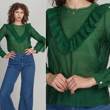Y2K Does 70s Sheer Green Angel Sleeve Blouse - Medium | Vintage Pleated Bib Long Ruffle Trim Top 