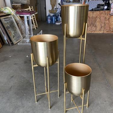 Set of 3 Modernist Brass Spun Brass Planters with Stand 