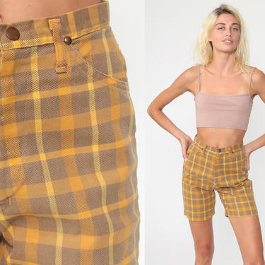 Yellow Plaid Shorts 60s Shorts Brown Mom Shorts High Waisted Retro 1960s Vintage 50s Checkered Extra Small xs 