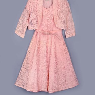1950's Vintage Soft Pink Lace Dress &amp; Jacket Set - Full Skirt, Mid Century Style, I Love Lucy, Vintage Wedding Dress, Size MEDIUM 