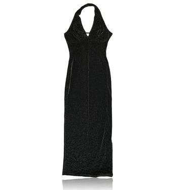 90s Metallic Black Maxi Dress Leg Slit // Halter Top Full Length Cocktail Dress Party // Go Go Girls // Size Medium 