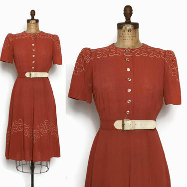 Vintage 40s Soutache Trim Dress / 1940s Belted Puff Sleeve Terra Cotta Day Dress 