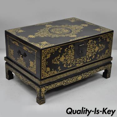Gold and Black Lacquer Oriental Chest Trunk on Base Coffee Table Storage