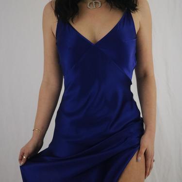 Sapphire Blue Silk Full Length Slip Dress - Silk Gown - XS/S 