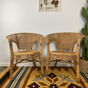 Vintage Set of Mid Century 1970s Wicker and Rattan Chairs 