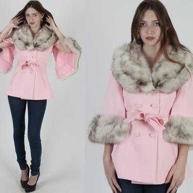 NWT 60s Lilli Ann Peacoat / Deadstock Arctic Fox Fur Coat / Pink Belted Plush Real Fox Trim Princess Jacket / New With Tags Size 8 