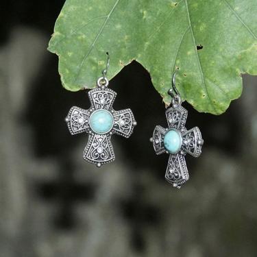 Vintage Silver Faux Turquoise Cross Dangle Earrings, Accent Crystals, Ornate Filigree Cross, New Mexico Turquoise, Fish Hooks, 1 3/4” L 