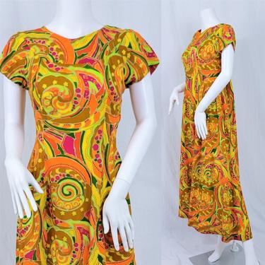 Psychedelic Print 1960's Orange Yellow Long Hawaiian Maxi Sheath Dress I Sz Med 