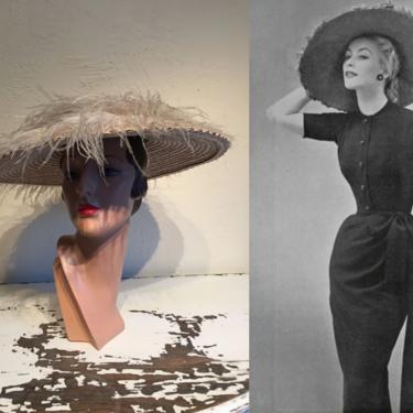 The Compliments Were Overwhelming - Vintage 1940s Natural Straw Wide Brim Portrait Hat w/Ostrich Feather Trims 