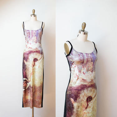 1990s Degas Print Dress / 90s Bodycon Crushed  Velvet Photo Print Dress 