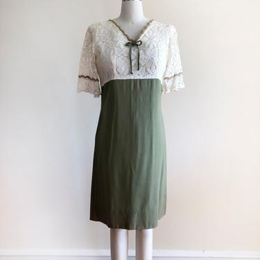 Cream/Ivory Lace and Olive Green Mini-Dress - 1960s 