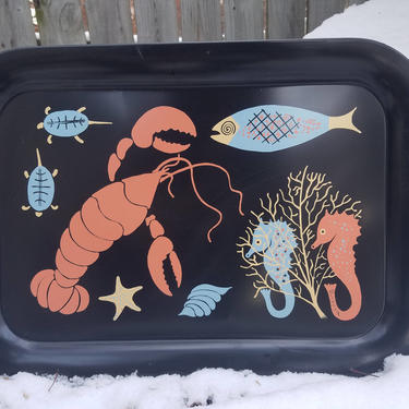 Vintage Berggren Lobster, Fish, Sea Black Blue, Pink and Yellow Scandanavian Lap TV Tray 