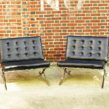 Vintage Pair Of MCM Black Leather Barcelona Chairs, Chrome Frame & Legs W/ Load Bearing Straps, Removable Cushions, 30&quot; W x 28&quot; H x 22&quot; D 