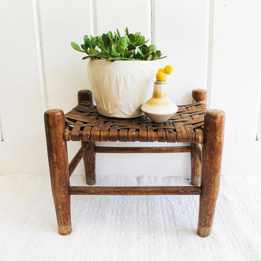 Vintage Primitive Rush Woven Stool With Wood Frame 