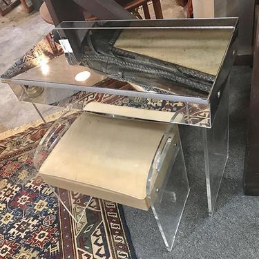 1970s mirrored lucite storage vanity and stool. $150