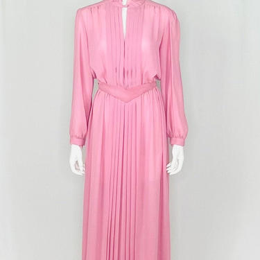 Vintage 1980s Sheer Rose Pleated Gown with Ruffle Collar Plus Size 