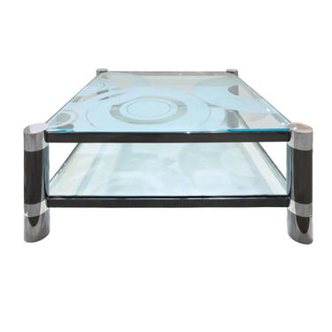 Karl Springer "Round Leg Coffee Table" with Artisan Etched Glass 1980s (Signed)