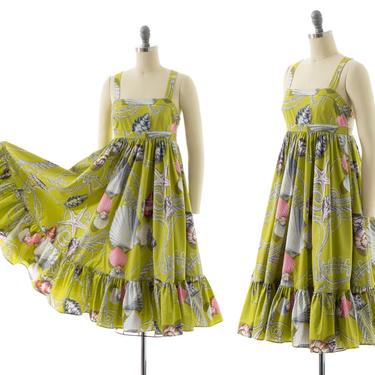 Vintage Style Sundress | Modern J CREW Seashell Sea Shell Lime Green Cotton Empire Waist Full Ruffled Skirt Fit & Flare Day Dress (x-small) 