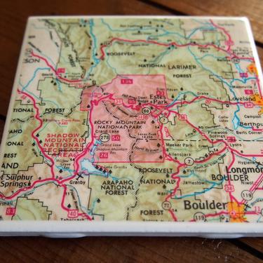 1976 Rocky Mountain National Park Map Coaster. Boulder Colorado vintage map. Hiking gifts. Gift for hiker. US travel décor. Estes Park map 