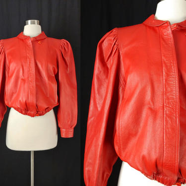 Vintage 80s Peruzzi Red Leather Jacket - Made in Italy Eighties Button Front Jacket - Small / Medium Princess Sleeve Leather Coat 