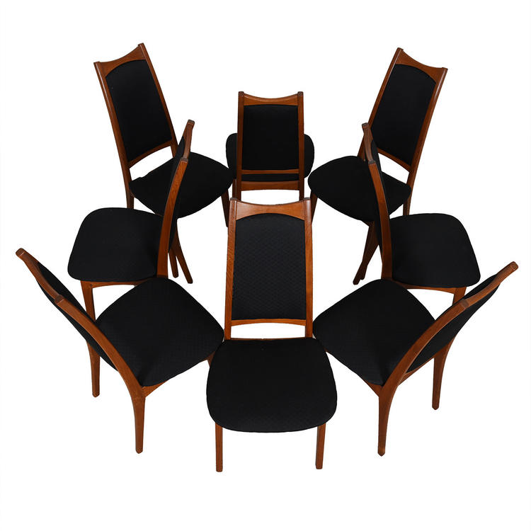 Set of 8 Danish Modern Teak Black Upholstered Dining Chairs