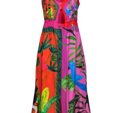 Farm - Purple &amp; Multicolor Tropical Print Sleeveless Button-Up Midi Dress Sz M