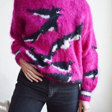 Vintage 1980s Hand Knit Hot Pink Mohair Penguin Sweater | L/XL 