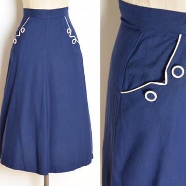 vintage 40s skirt navy blue white nautical high waisted A-line secretary XS XXS clothing 