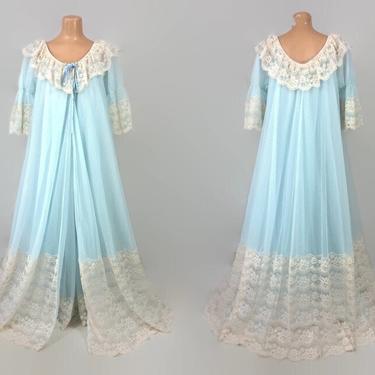 VINTAGE 60s Blue Nylon Chiffon and Antique Lace Peignoir Set By Intime | Full Sweep Double Nylon Gown and Robe | Wedding Bridal Lingerie M 