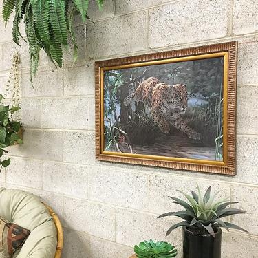 LOCAL PICKUP ONLY Vintage Cheetah Print Retro 1990's Size 21x30 Framed Print of Wild Cat in Jungle Lair Seeking Print by Artist Peter Skirka 