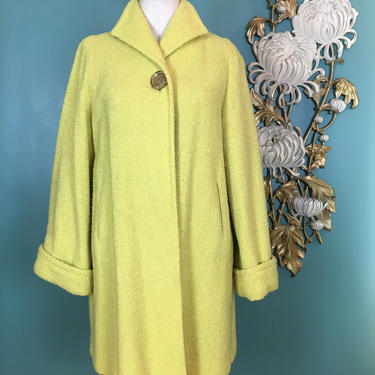 1950s swing coat, yellow wool coat, vintage 50s coat, 1940s coat, hip length, chevron seams, plus size, rockabilly coat, mrs maisel style 