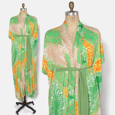 Vintage 70s Caftan Robe / 1970s Novelty Feather Print Belted Cover-Up Dress Jacket by luckyvintageseattle