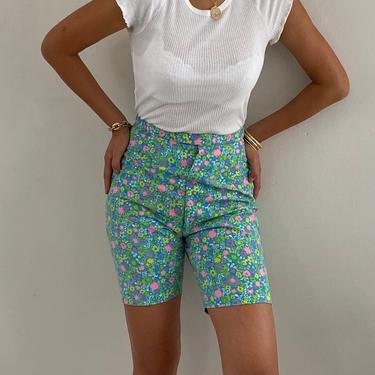 60s cotton pique Bermuda shorts / vintage lime teal green ditsy floral print cotton high waisted slim shorts | 27 W size 4 