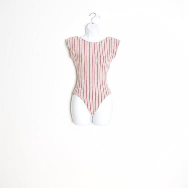 vintage 80s bodysuit gray red striped leotard top workout wear aerobics XS S clothing 