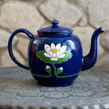 Vintage Large Blue Lotus Enamel Teapot - 1940's 