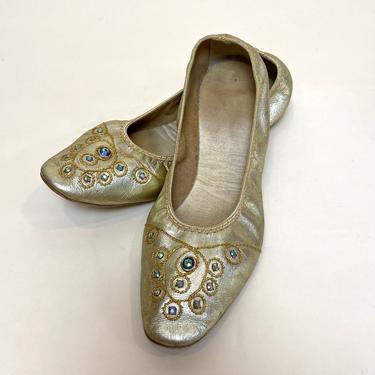 Vintage 1960s Shoes 60s Flats Gold Leather with Rhinestones 