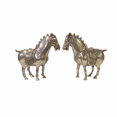 Pair Chinese Oriental Silver Color Metal Fengshui Horse Figures ws1829E 