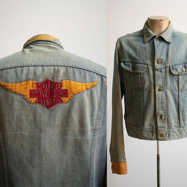 Vintage 1960s Denim Jacket / 1960s Mr Lee Distressed Jean Jacket / Vintage Thrashed Denim Biker Jacket / Harley Davidson Patch Jacket Large 