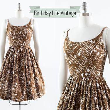 Vintage 1950s 1960s Dress | 50s 60s Cotton Plaid Polka Dot Printed Sundress Spaghetti Strap Day Dress (small) 