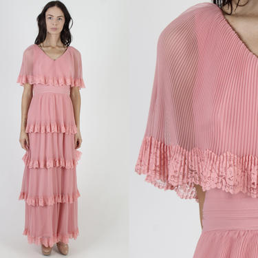 Mauve Neiman Marcus Dress / Tiered Layered Sheer Chiffon / Vintage 70s Ruffle Avant Garde / Unique Pink Layered Pleated Maxi Dress 