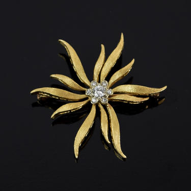 Vintage Solid 14k Gold Mid-Century Modern Starburst Flower Brooch Diamonds 