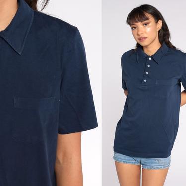 Navy Polo Shirt -- Vintage 80s Button Up Shirt Retro Tshirt Collared 1980s Slouch Short Sleeve Tee Plain Blue Medium Large 