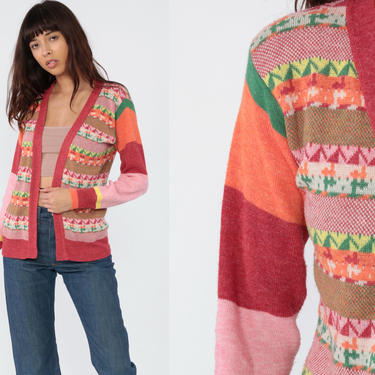 Boho Cardigan Sweater Rainbow Sweater STRIPED Geometric Print Pink Orange Open Front Bohemian 1970s Vintage Knit Hippie Festival Small 